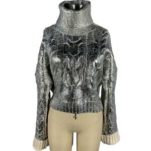 Balmain Metallic Silver Cable Knit Turtleneck Sweater Size FR 36 / US 2